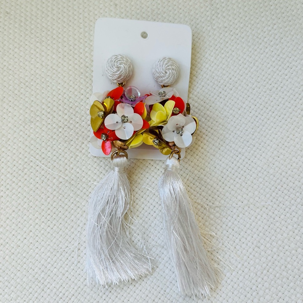 Coral and white tassel earrings